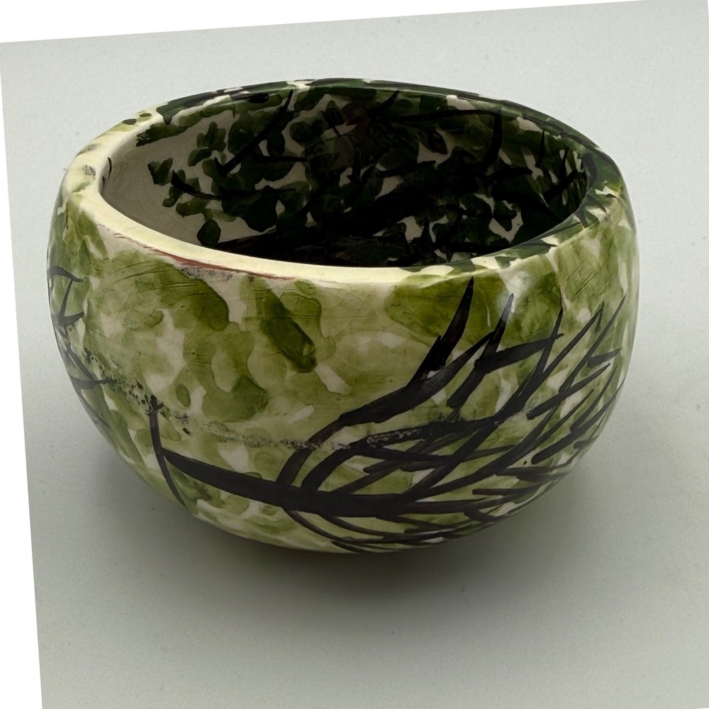 Hand Painted Studio Pottery Bowl Folk Art Forest Figures Green Ceramic 3.25in - Picture 2 of 8